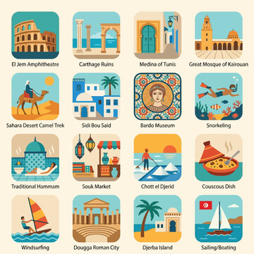 Vector Illustration of Tunisian Cultural Landmarks and Activities Collage