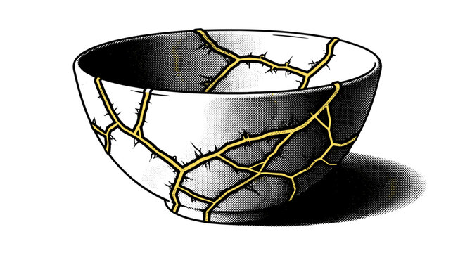 Cracked ceramic bowl with gold accents on textured surface