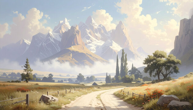 Mountain landscape scene with road and clouds