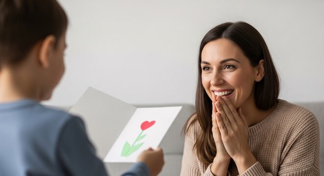 Smiling mother receiving handmade greeting card with heart from young son at home celebrating special occasion with love and family togetherness gift.