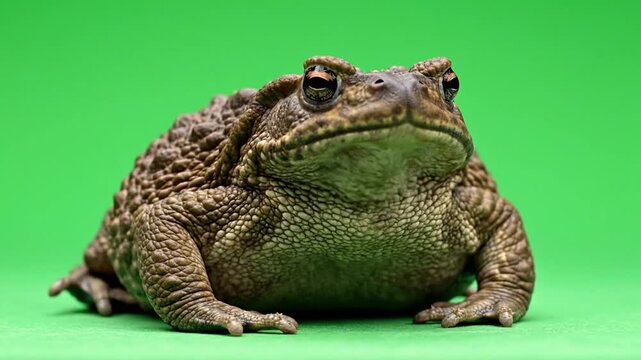 A large, warty brown toad sits on a vibrant green background, looking directly at the viewer.