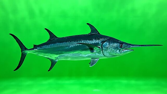 A large swordfish swimming gracefully in a vibrant green underwater environment, showcasing its distinctive long bill and powerful body.