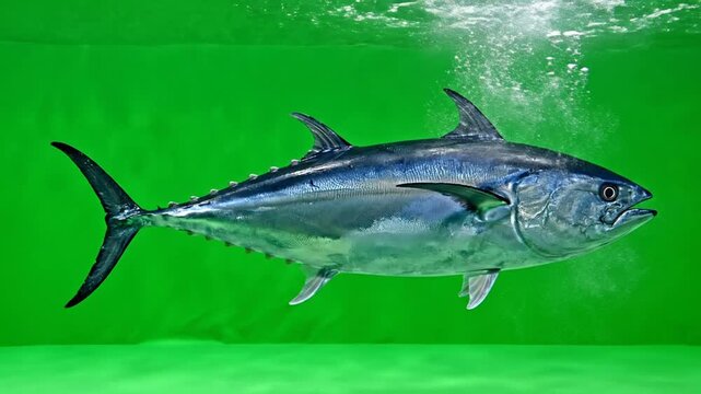 A large tuna fish swimming gracefully underwater against a vibrant green background, showcasing its sleek silver and blue body.