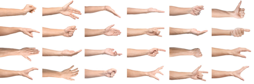 Left-handed men showing gestures on white background, closeup. Set of male hands