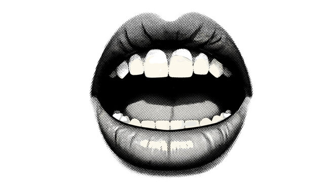 Closeup of open mouth with teeth and lips showing expression
