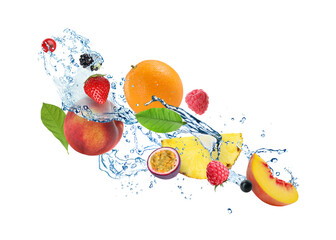 Fresh fruits and water splash in air against white background © New Africa