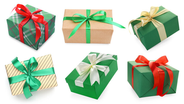 Gift boxes isolated on white, set. Top and side view