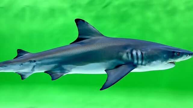 A powerful shark with a sleek body and sharp fins swimming gracefully in vibrant green water, showcasing its formidable presence.