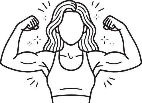 Empowered woman flexing both biceps with flowing hair and radiating sparkles, motivational fitness line art style black and white vector illustration
