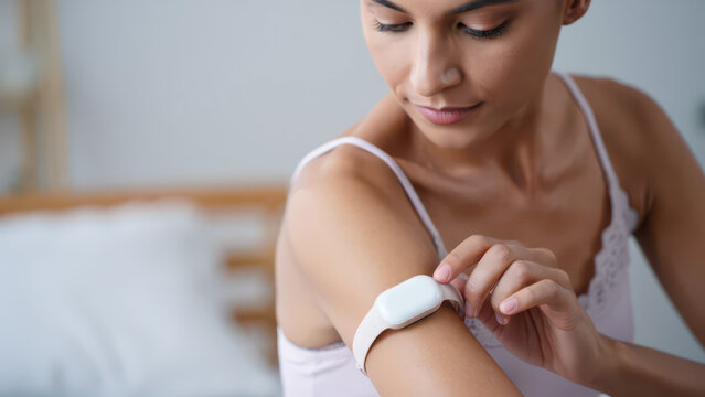 Smart fertility tracker wearable on upper arm, women health tech device, ovulation monitoring sensor, basal body temperature tracking, hormone cycle analytics, bluetooth medical gadget