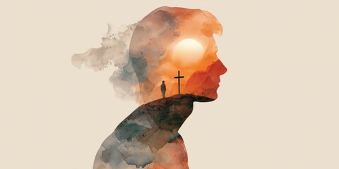 Fototapeta premium minimalist illustration of a side view silhouette of a head and shoulders, with a double exposure effect and a cross on a hilltop in the distance Generative AI