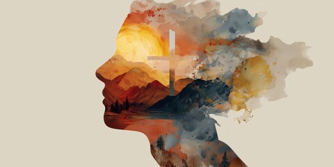 Fototapeta premium minimalist vector art of a side profile silhouette face with a cross on the head, in a double exposure style, on a beige background with warm earth tones, mountains in the distance Generative AI