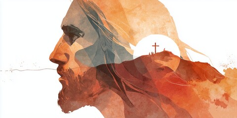 Fototapeta premium minimalist vector art style, profile of jesus' head with a cross on a mountain background, earthy tones, simple shapes and lines, watercolor washes, warm color palette Generative AI