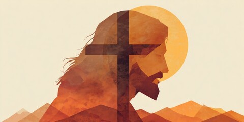 Fototapeta premium a side profile of jesus' head with the silhouette of an ancient cross superimposed on it, in warm earthy tones, set against a white background Generative AI