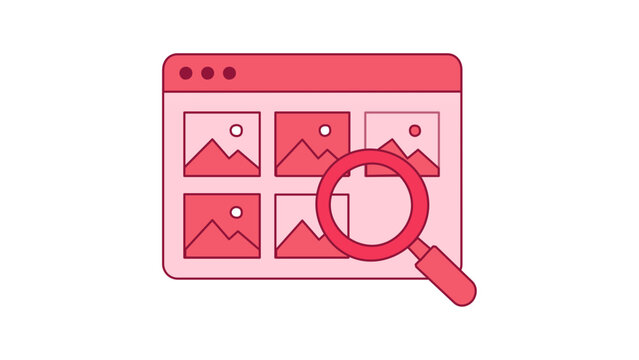 Vector icon illustration of a web browser displaying a photo gallery with a magnifying glass, representing image search, stock photography browsing, digital asset management, and design studio.