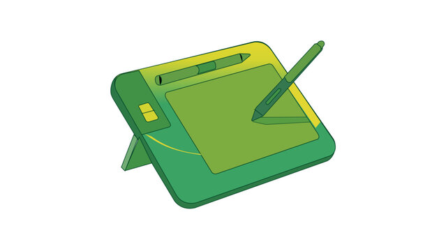 Green and yellow graphic tablet vector icon with a digital stylus pen. Professional illustration for digital artists, designers, and creative professionals. Scalable flat design element for web.