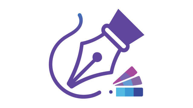 Modern graphic design vector icon illustration of a fountain pen nib with a curved path and color palette swatches in a blue and purple gradient, ideal for creative branding and digital art.