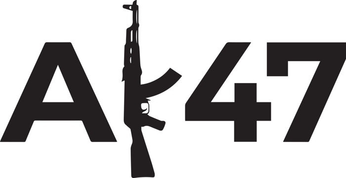 AK47 Typography Logo With Integrated Assault Rifle Silhouette, Bold Military Style Black And White Vector Illustration
