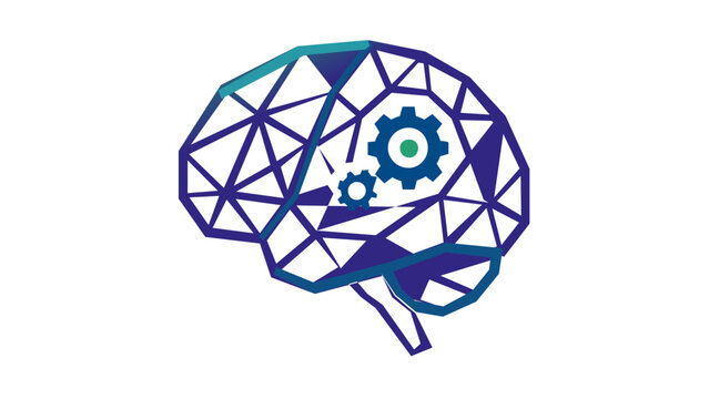 AI-generated vector illustration of a geometric polygonal human brain with gears, representing artificial intelligence, machine learning, cognitive processing, and innovative technology icon design.