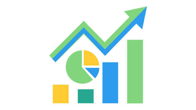 Scalable vector icon illustration of business growth and data analytics featuring an upward arrow line graph, colorful bar chart, and pie chart in a minimalist flat design for financial reports.