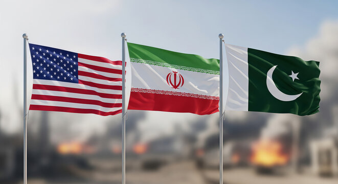 Flags of the United States, Iran and Pakistan waving together against a blurred smoke background. Diplomatic negotiations and international relations concept for peace summit resolution.