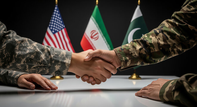 Solider shaking hands to formalize a ceasefire agreement. International diplomacy with flags of United States, Iran, and Pakistan. Conflict resolution and global security meeting concept.