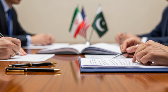 Diplomats sitting at table with USA, Iran and Pakistan flags during international peace negotiation. Officials signing ceasefire agreement document to resolve geopolitical conflict.