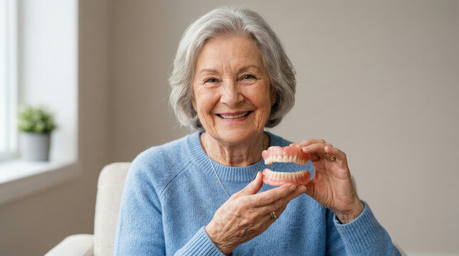 A smiling elderly woman with gray hair holds a set of dentures while sitting comfortably in a chair, representing dental health and aging well.
