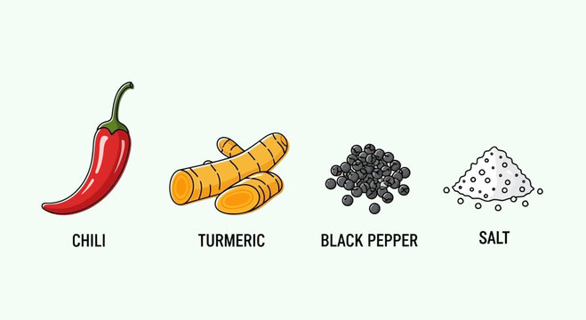 Set of various spices and seasonings including chili, turmeric, black pepper, salt