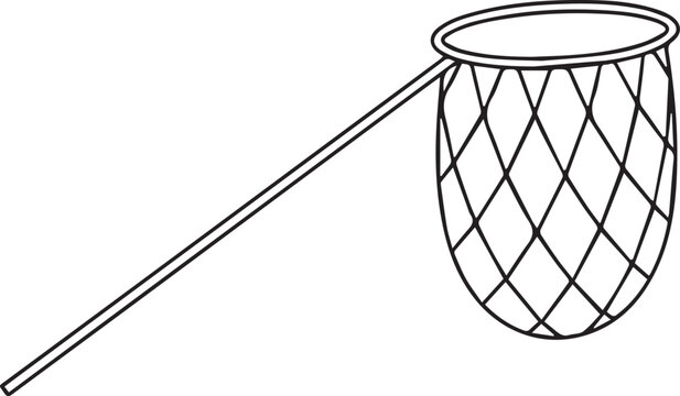Fishing Net with Long Handle, Minimalist black and white vector illustration
