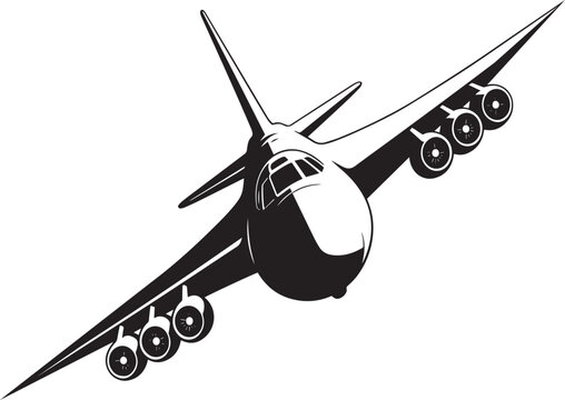 Dynamic commercial jet airliner in steep banking turn with visible underwing engines and cockpit, bold graphic black and white vector illustration
