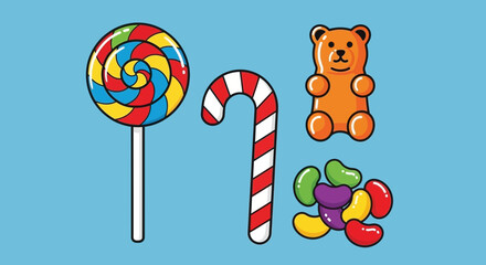 Naklejka premium Set of colorful candies including a lollipop, candy cane, gummy bear, and beans