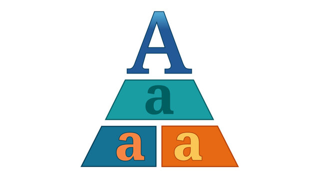Vector icon illustration of a typographic pyramid featuring uppercase and lowercase letter A characters in blue, teal, and orange colors, representing font design, hierarchy, and branding.