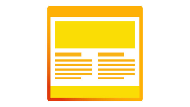 Orange gradient text editor vector icon illustration featuring a minimalist document layout with a header image and two columns of text, perfect for web design and publishing concepts.