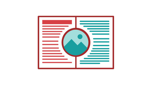 Minimalist vector illustration of an open book or magazine layout icon featuring type pairing, text columns, and a circular image placeholder, ideal for editorial design and typography art.