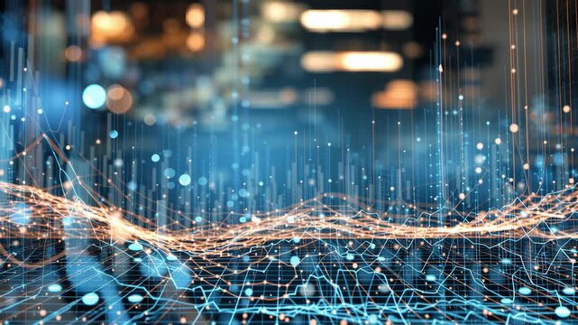 Illustrating digital transformation and connectivity showcasing abstract network data flowing with a bokeh background.
