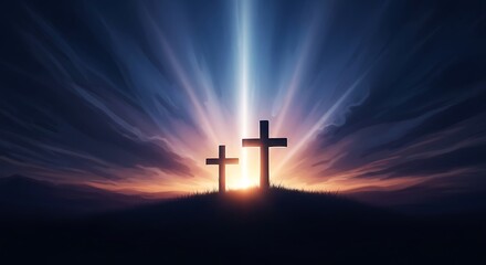 Fototapeta premium Two crosses silhouetted on a hill against a dramatic sunset sky with a heavenly light beam