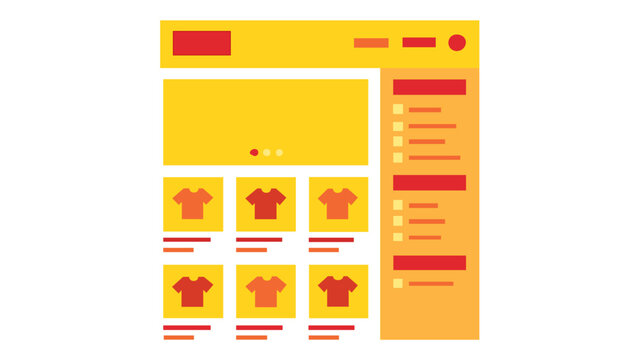 Flat vector illustration of a modern e-commerce website interface layout featuring a product grid with t-shirts, a sidebar menu, and a navigation bar in a vibrant yellow and red color palette.