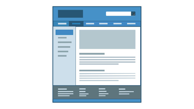 Modern website homepage layout vector illustration featuring a clean UI design with navigation, search bar, and content sections. Minimalist flat icon for web design and digital marketing.