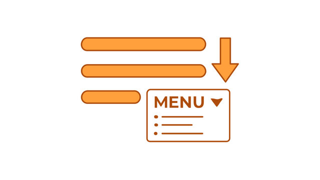 Minimalist vector illustration of a web menu navigation icon with orange horizontal bars, a downward arrow, and a dropdown menu box, ideal for UI design, website development, and app interfaces.