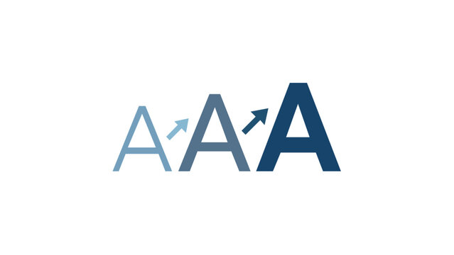 Vector illustration of a font size adjustment icon featuring three capital letters A in increasing sizes and shades of blue with upward arrows, perfect for web design and accessibility UI.