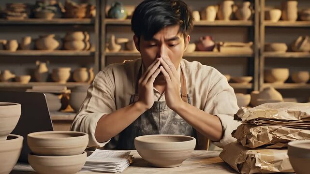 Stressed artisan in pottery workshop
