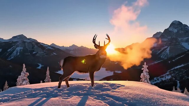 Majestic deer standing on snowy peak
