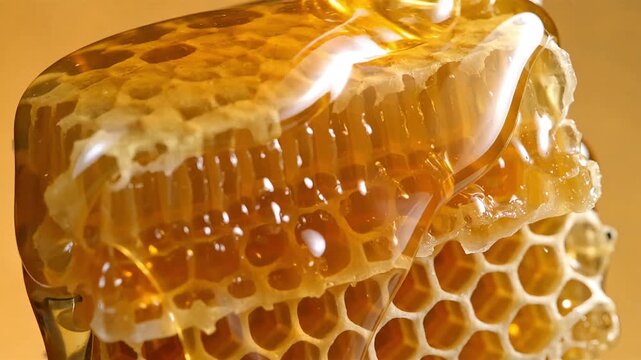 Fresh golden liquid honey pouring and dripping over natural wax honeycomb cells