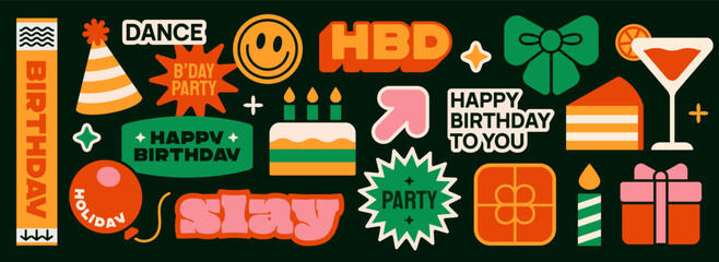Birthday stickers set. Patches or labels with gift, birthday cake, candle, party hat and inscriptions. Funky designs in 90s style. Flat hand drawn vector illustration collection isolated on background