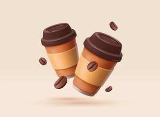 Realistic Paper Cups. Banner with coffee cups and coffee beans. Mugs with hot drinks. Design for advertising and promotion of coffee shops 3D hand drawn vector illustration in plasticine style