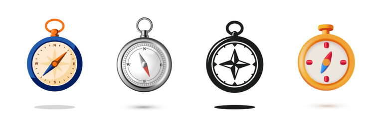 Compass icons set. Realistic, 3D and flat stickers with compass for navigation and orientation. Adventure and discovery. Cartoon hand drawn vector illustration collection isolated on background