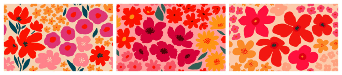 Naklejka premium Set of floral seamless patterns. Repeating ornaments with blooming wildflowers. Botanical designs for fabrics and wallpaper. Flat hand drawn vector illustration collection isolated on background