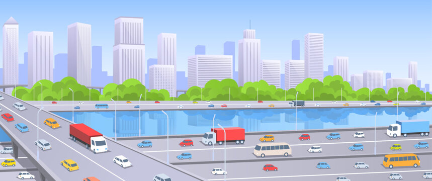 Cityscape panorama. Infrastructure with Roadway, Bridge of Driveway, Highway Overpass and Skyscrapers. Urban traffic with cars drive by road interchange. Flat cartoon hand drawn vector illustration
