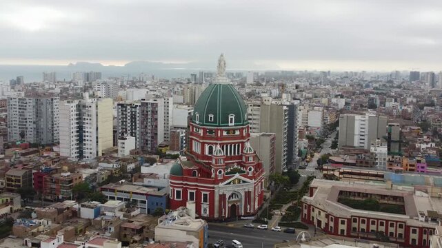 Aerial drone view of Iglesia del Inmaculado Coraz&oacute;n de Mar&iacute;a facade, Magdalena del Mar, Lima, Peru